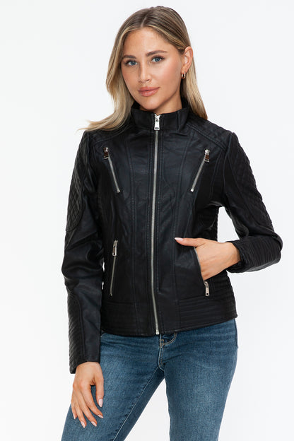 Black Faux Leather Zip-Up Mock Neck Jacket