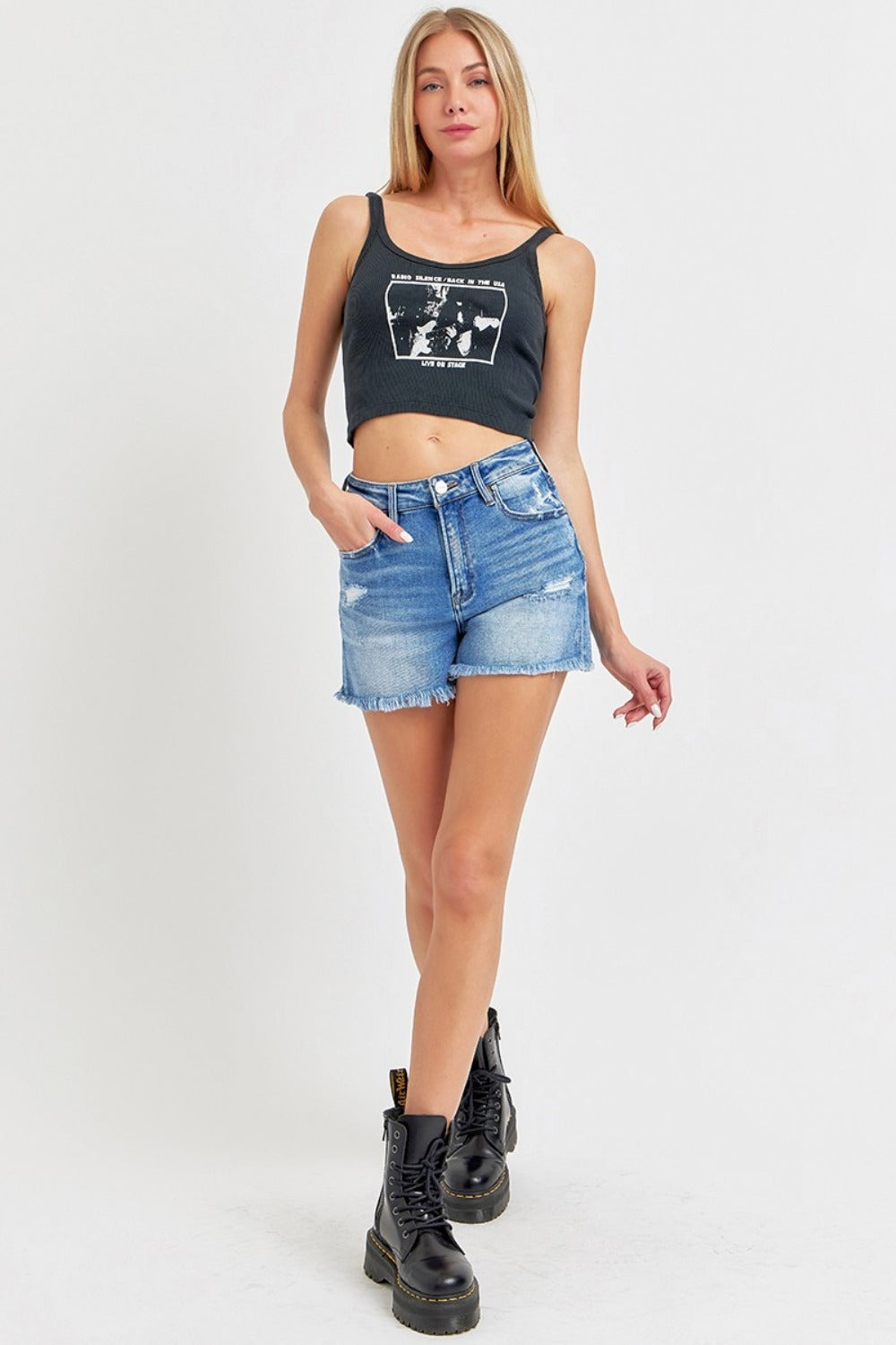 High Rise Distressed Raw Hem Denim Shorts