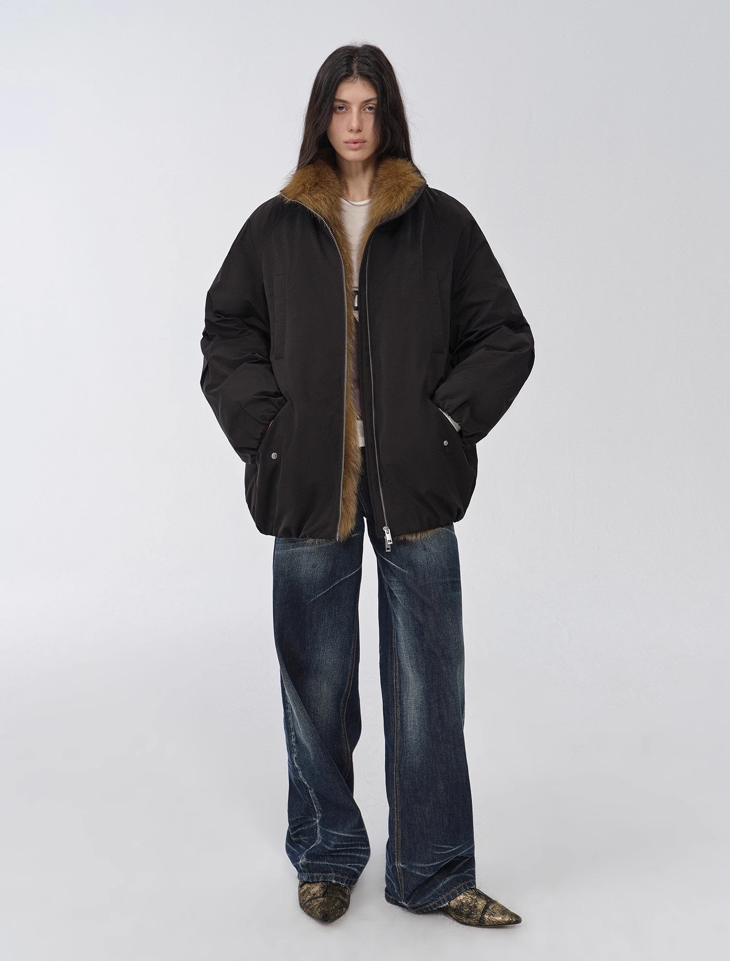 Fireladyfur Mid-Length Two-Tone Fox Fur Down Jacket 'Warm Dialogue'