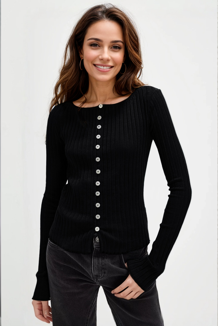 Basic Bae Texture Button-Up Round Neck Long Sleeve Top