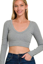 Ribbed Crop Top with V-Neck and Long Sleeve