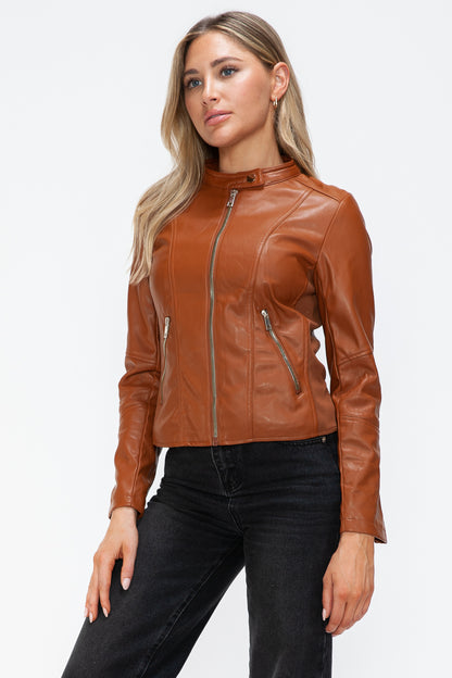 Camel Leather Zip-Up Drawstring Hooded Jacket