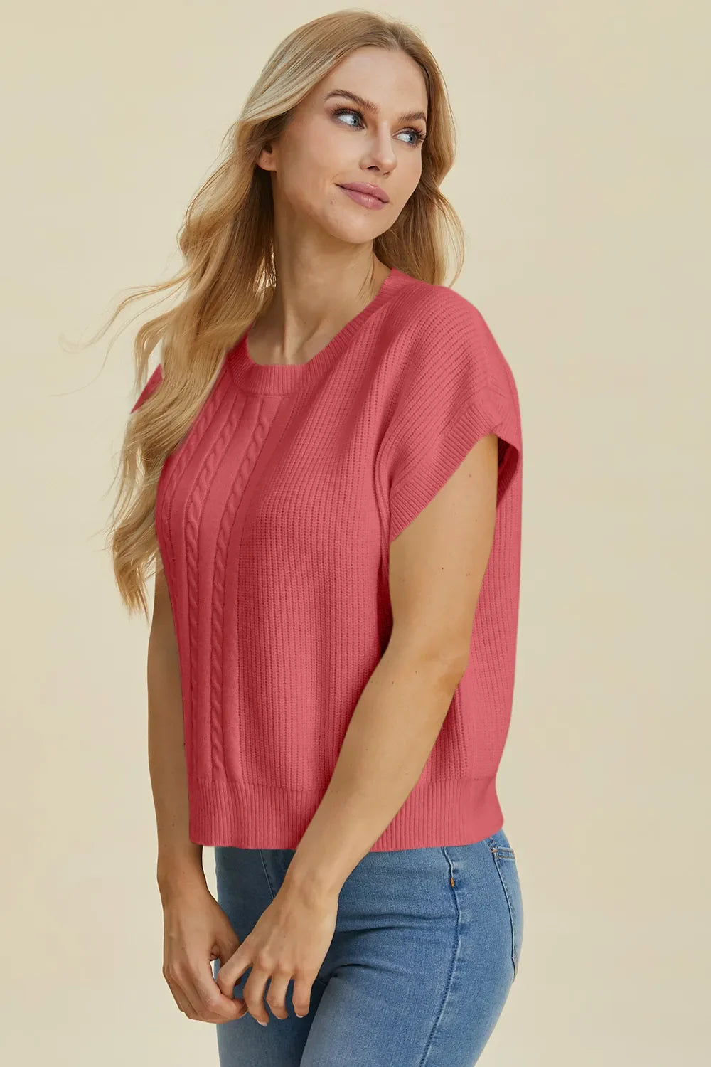 Double Take Cable-Knit Round Neck Short Sleeve Sweater