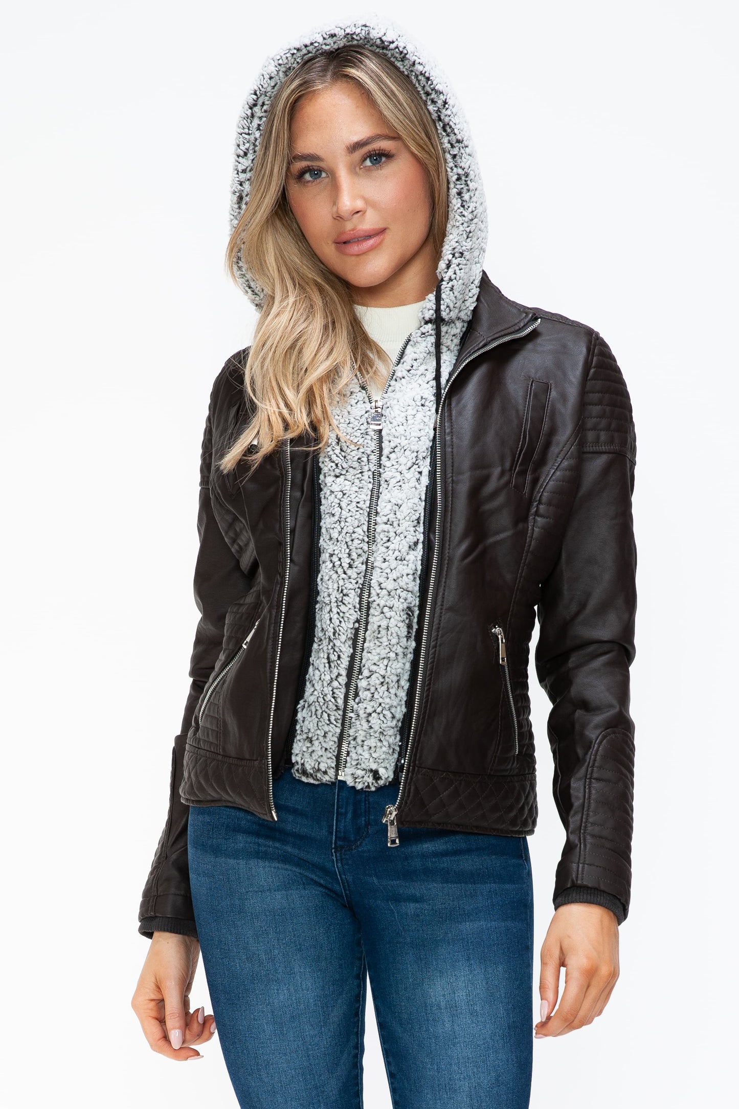 Faux Layered Double-Zipper Jacket with Fuzzy Hood Dark Choco