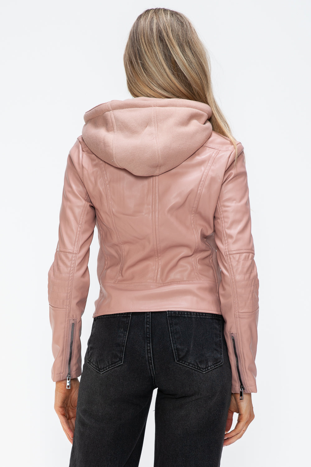 Mauve Leather Zip-Up Drawstring Hooded Jacket