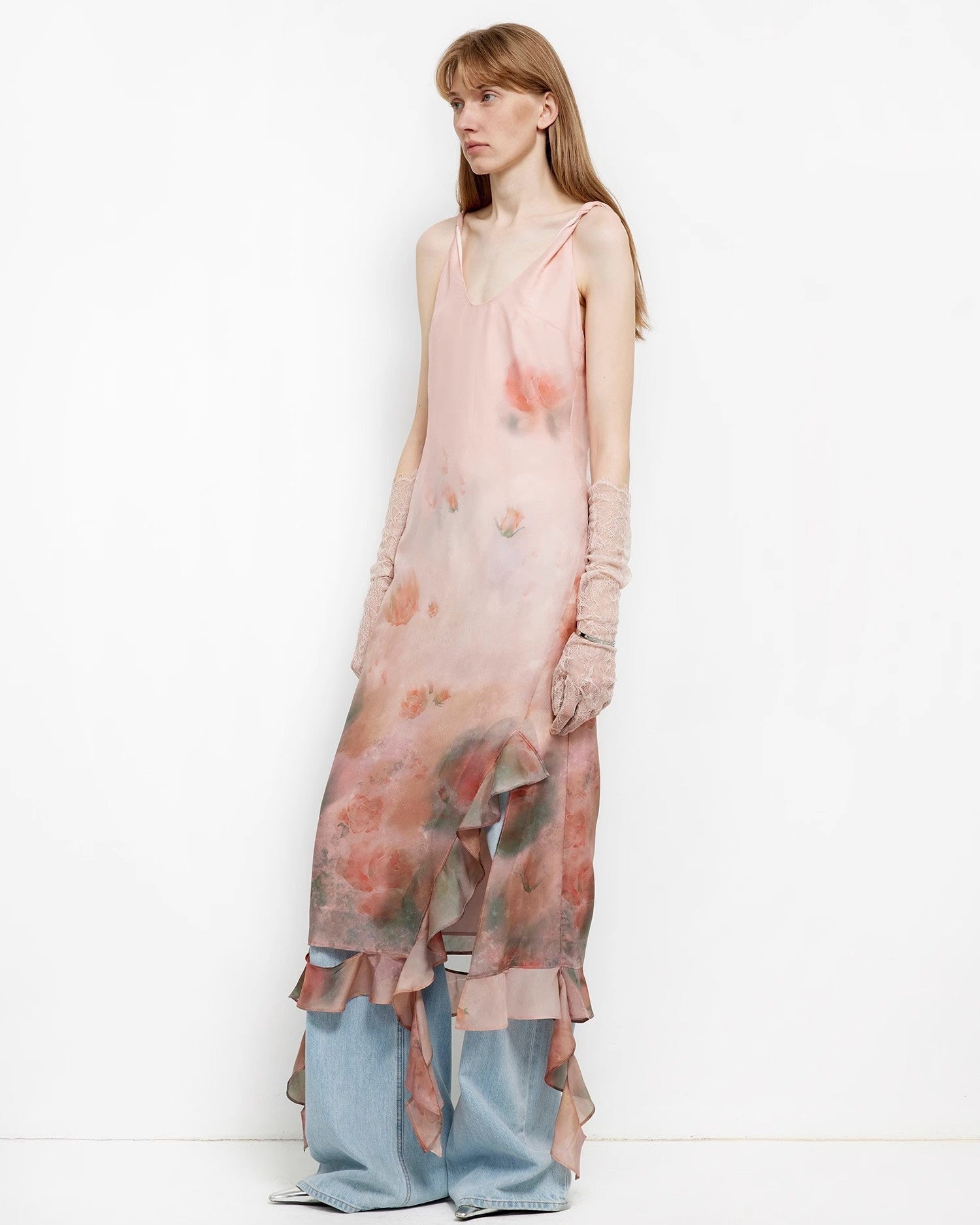 Acetate Mulberry Silk V-Neck Ruffled Draped Twist Strap Summer Dress ‘Rosy Ombre’