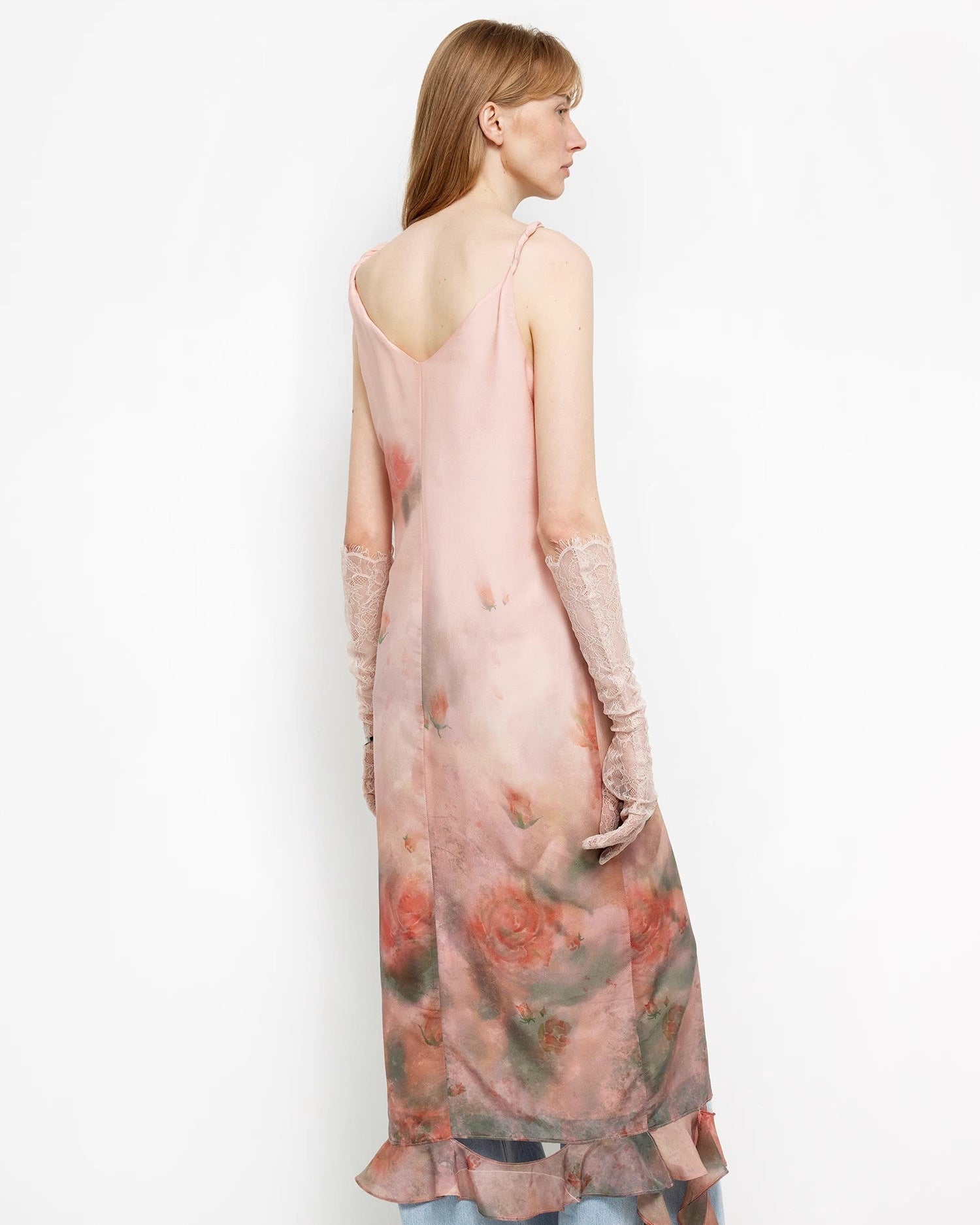 Acetate Mulberry Silk V-Neck Ruffled Draped Twist Strap Summer Dress ‘Rosy Ombre’