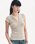 Cotton and Linen Blend Sequined Henley Neck Top ‘Minimalist Light Gap’