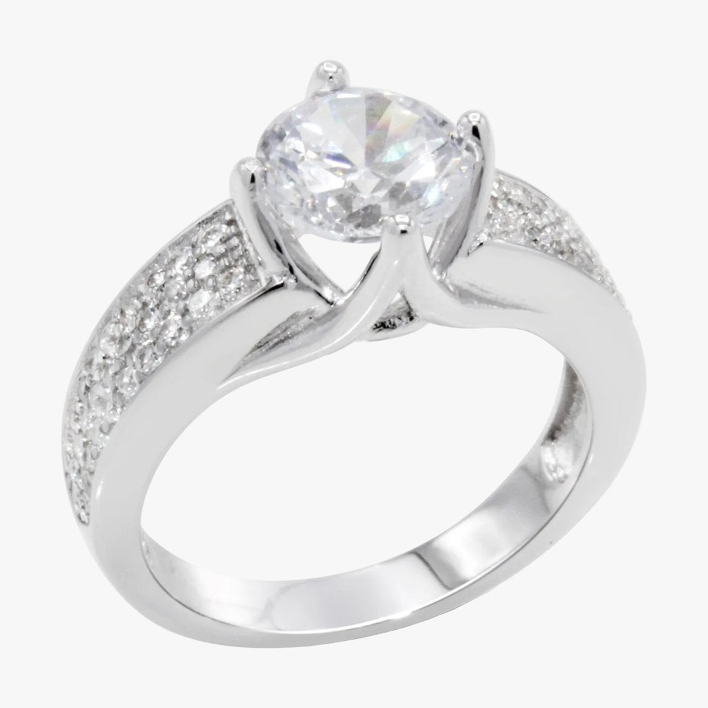 CZ 7mm Sterling Silver Plated Crossover Halo Promise Engagement Ring