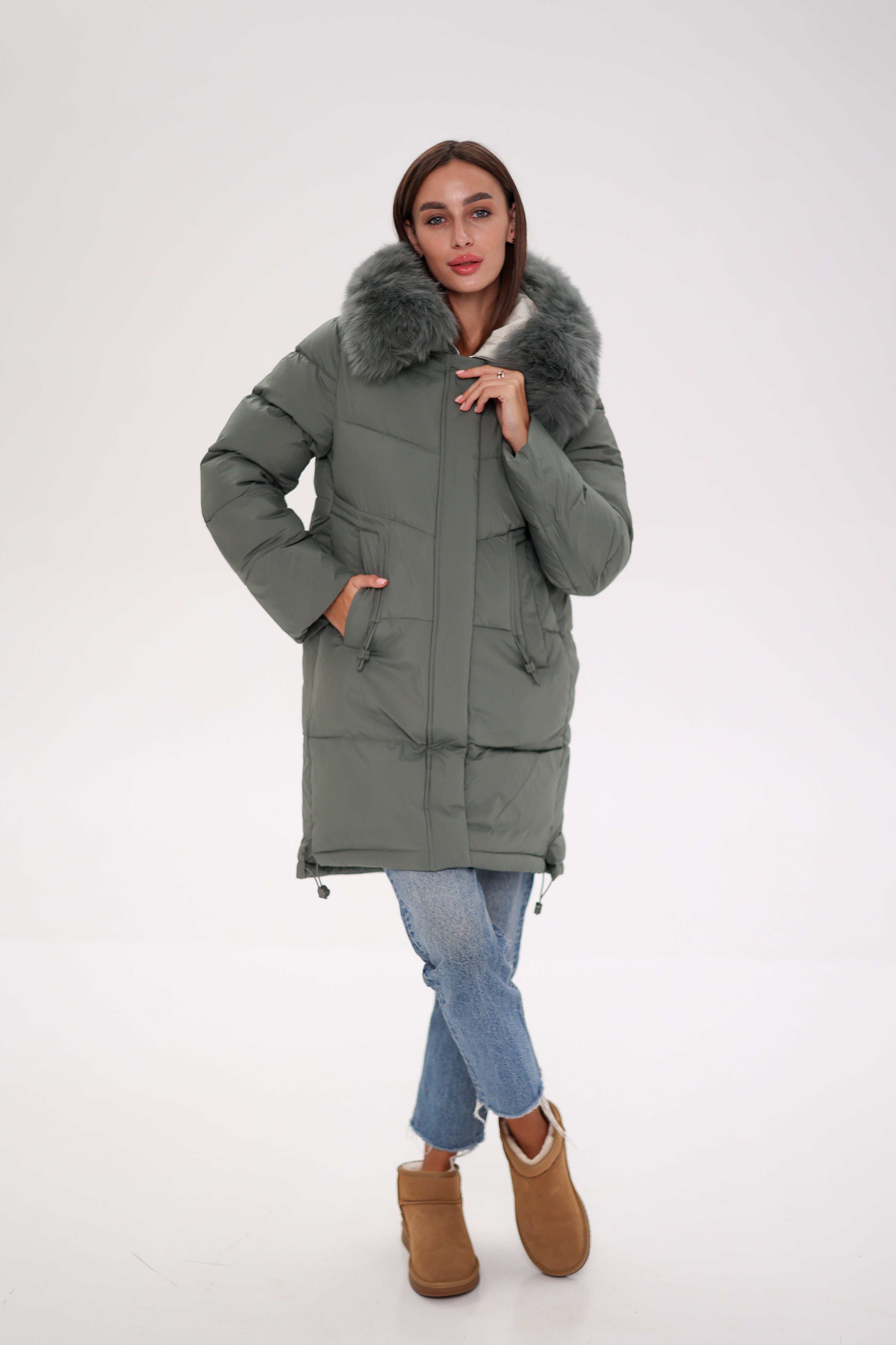 Genuine Polar Fox Trim Bio Down Coat | Sage