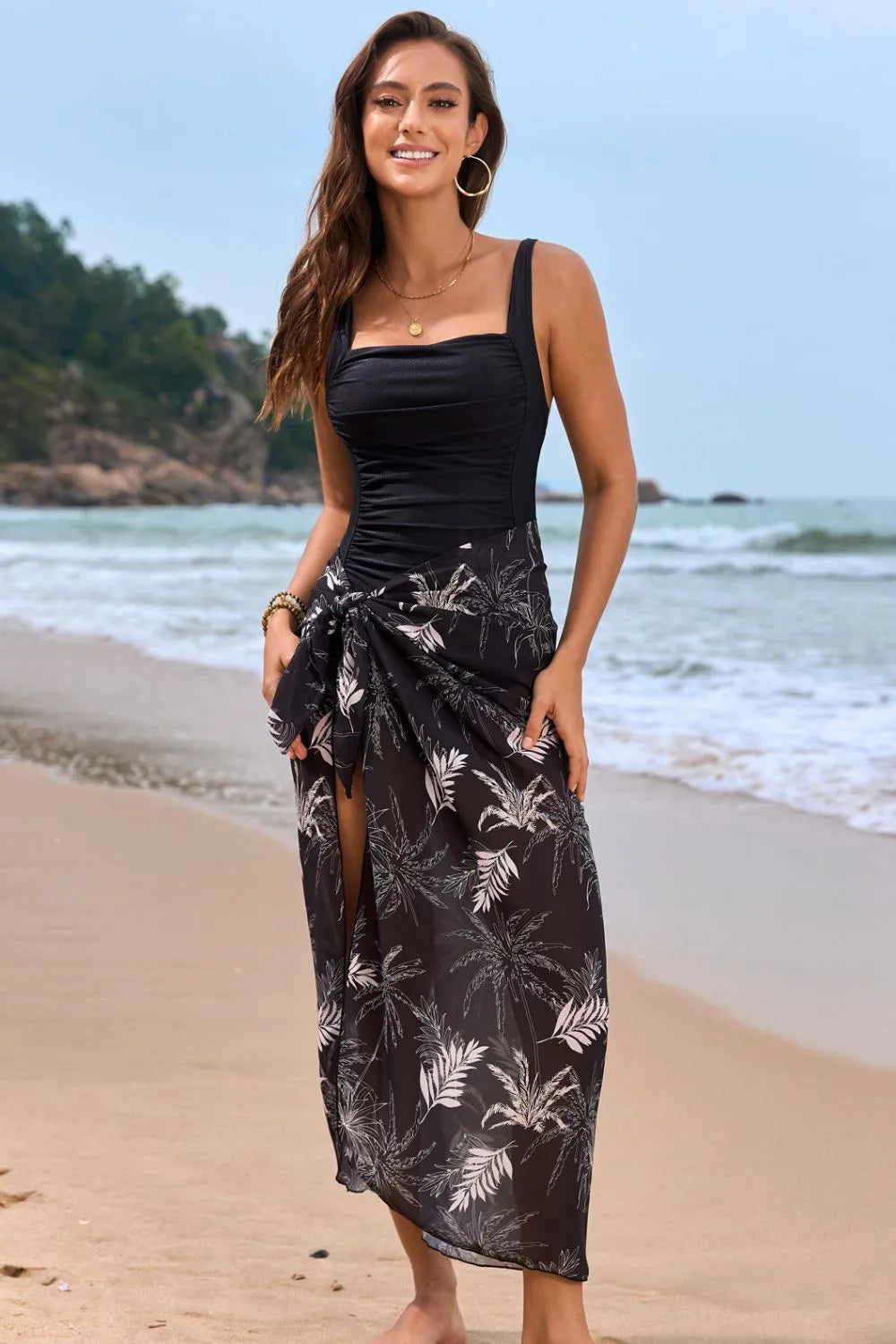 Square Neck Printed One-Piece Swimwear & Cover-Up Set