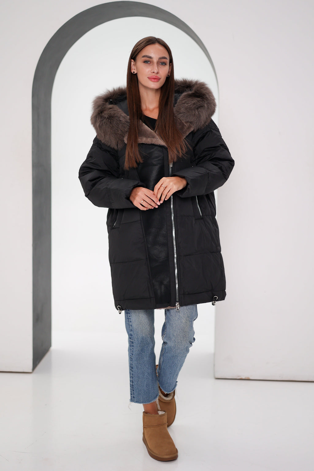 Genuine Polar Fox Insulated Coat | Black
