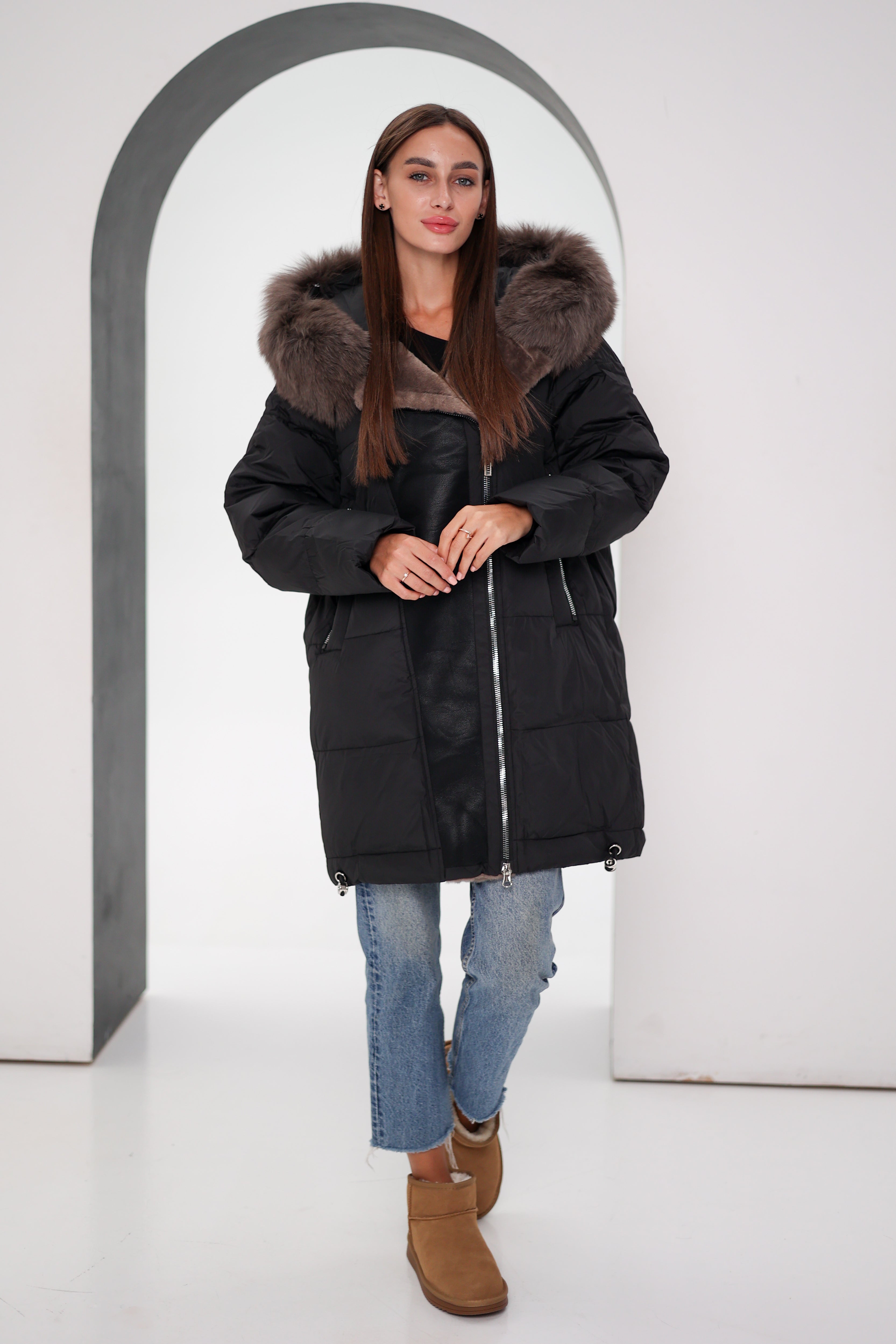 Genuine Polar Fox Insulated Coat | Black