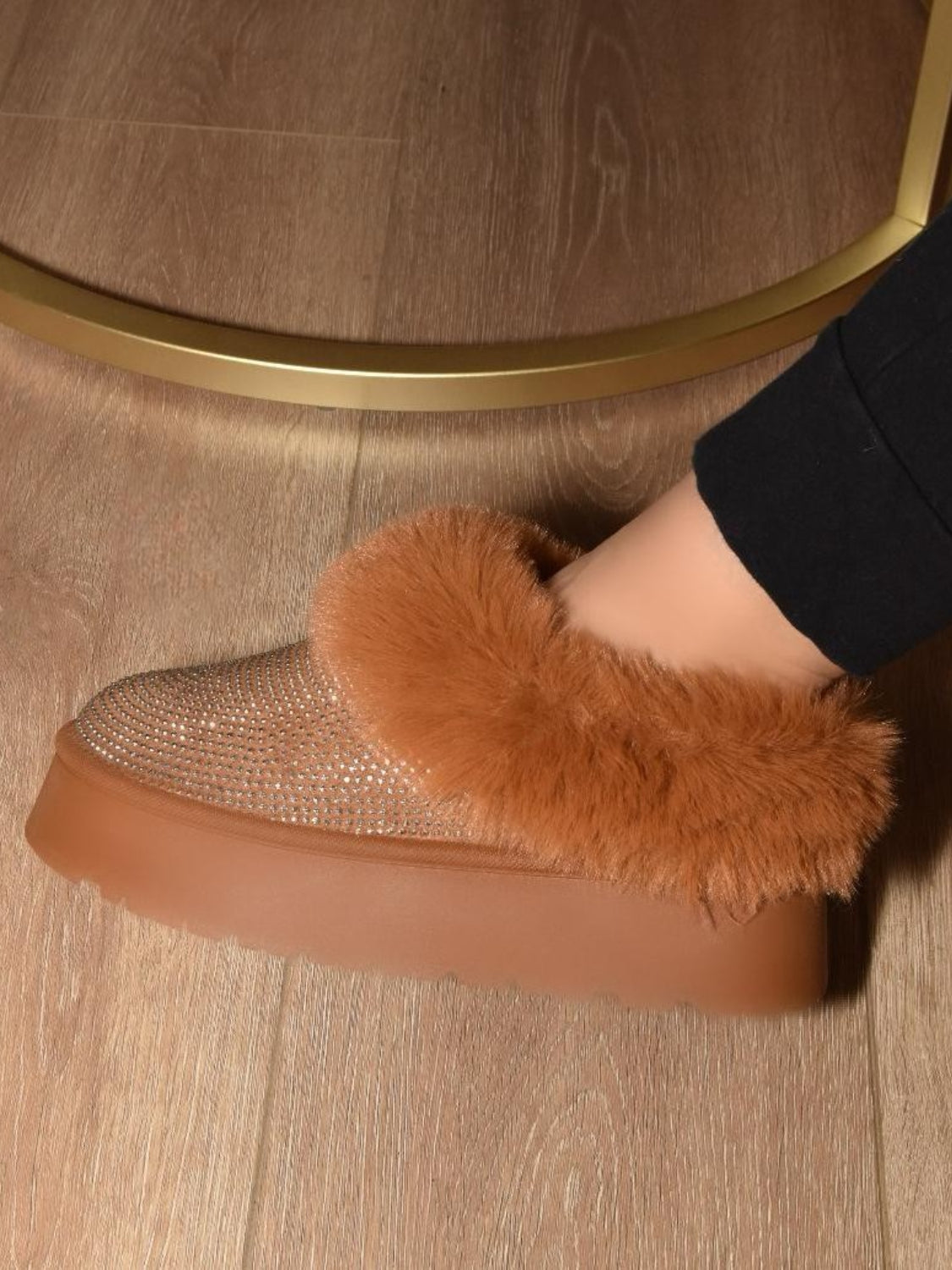 Embellished Faux Fur Platform Booties Chestnut