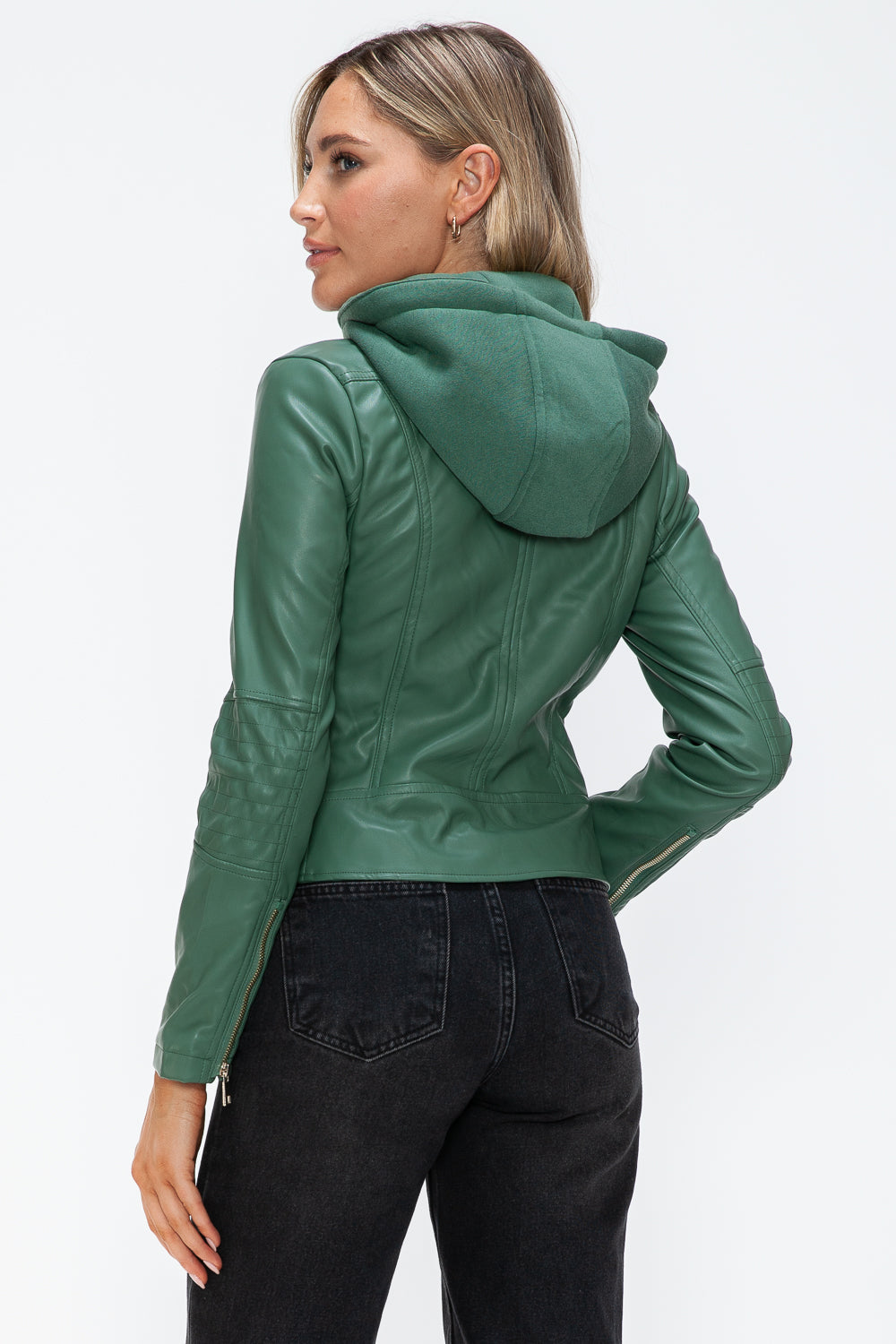 Sage Leather Zip-Up Drawstring Hooded Jacket