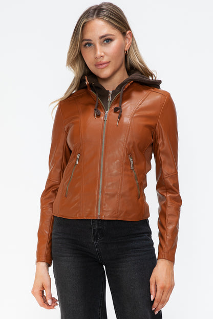 Camel Leather Zip-Up Drawstring Hooded Jacket