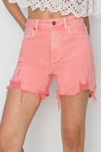 Risen Raw Hem High Rise Distressed Denim Shorts