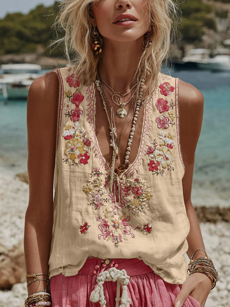 Women's Botanical Floral Print V-Neck Tank Top | 3D Digital Print