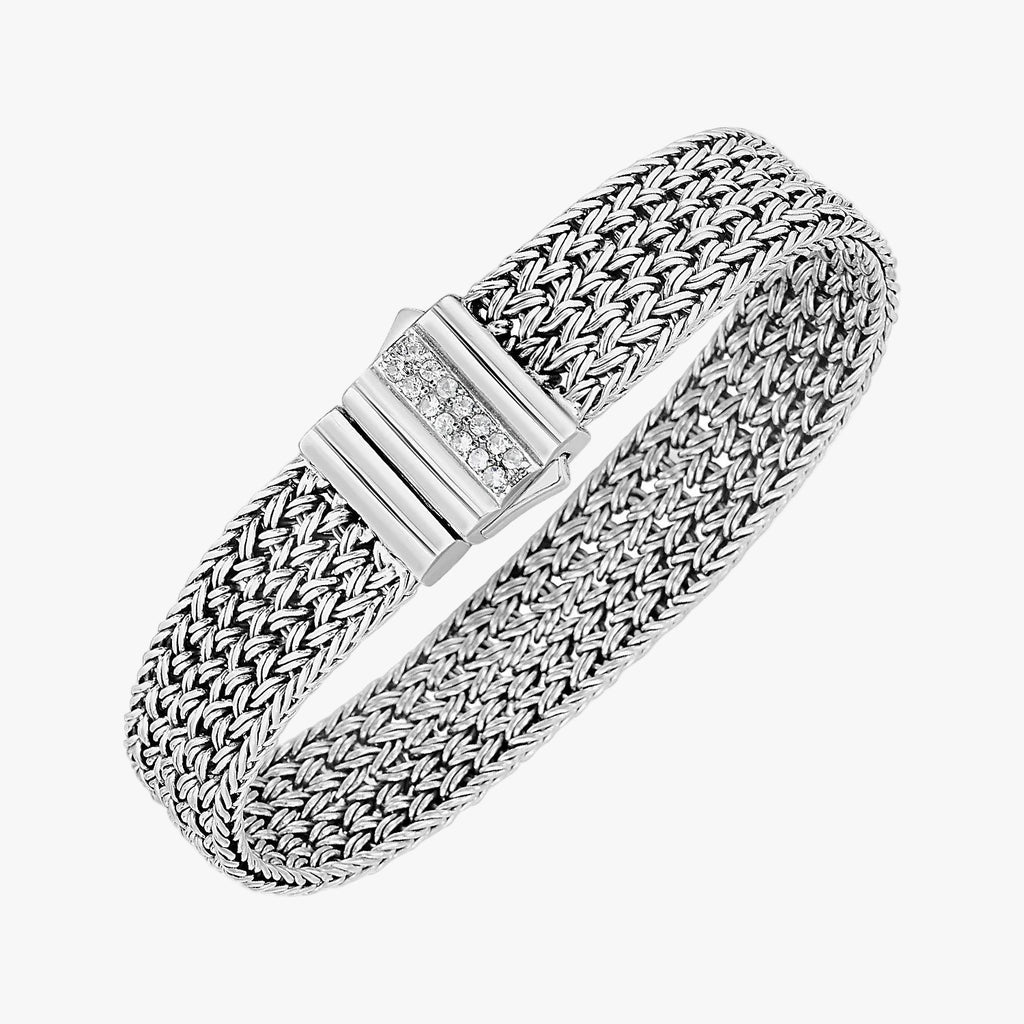 Woven Rope Bracelet with White Sapphire Accented Clasp in Sterling Silver