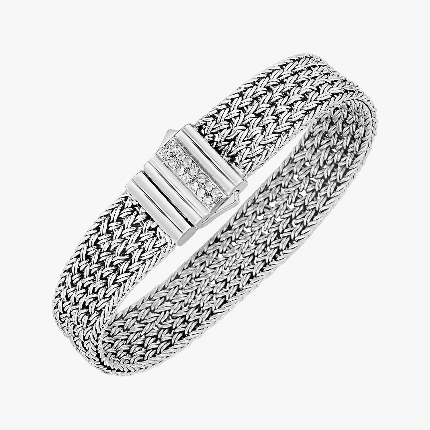 Woven Rope Bracelet with White Sapphire Accented Clasp in Sterling Silver