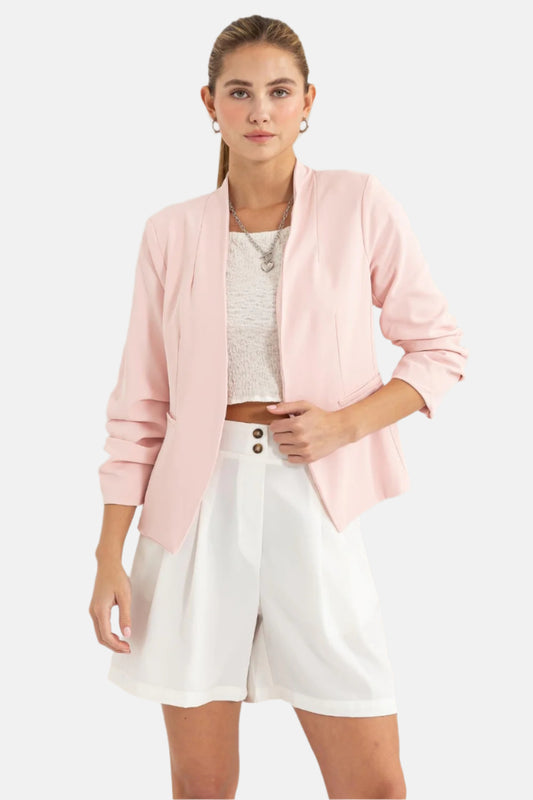 Blush Pink Open Front Ruched Sleeve Blazer