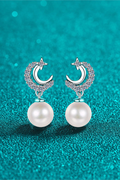 Pearl Drop Silver Moon Earrings