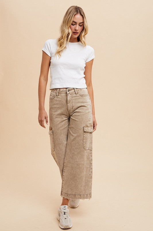 Raw Hem Wide Leg Jeans with Cargo Pockets Brown