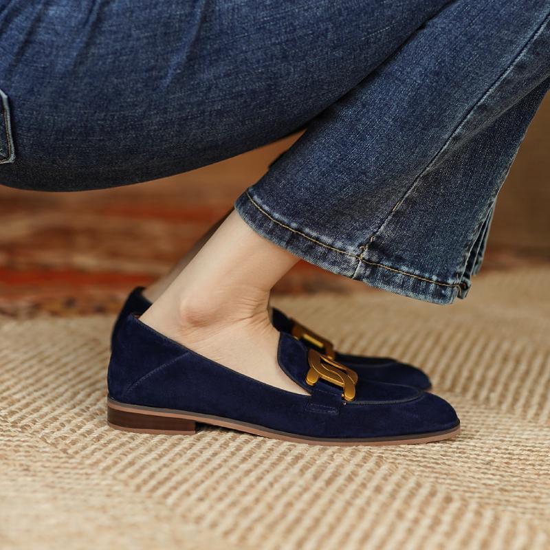 Women's Retro Metal Buckle Suede Loafers | Platform Chunky Heel Slip-On