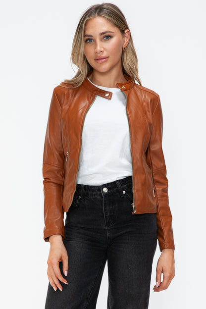 Camel Leather Zip-Up Drawstring Hooded Jacket