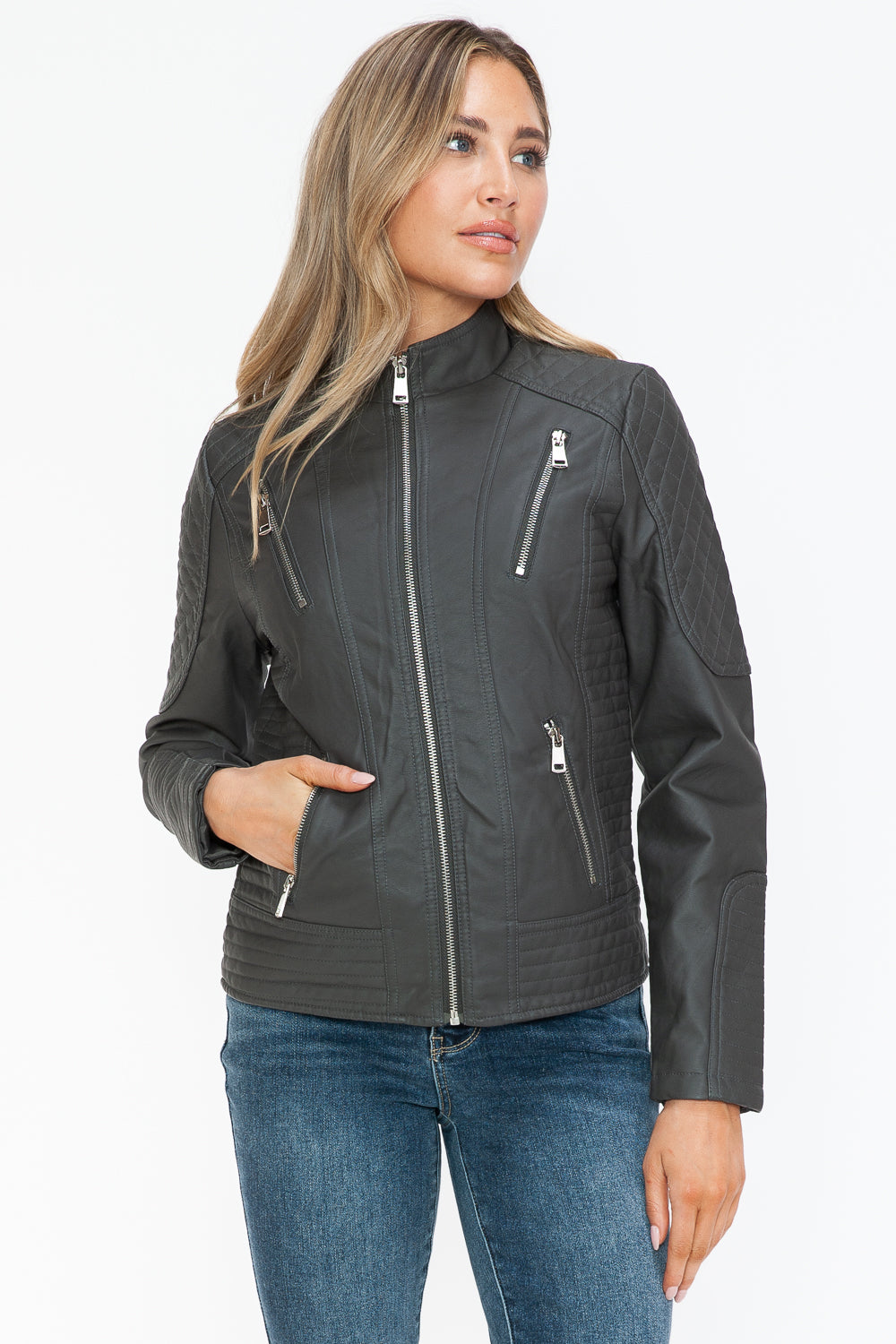 Charcoal Faux Leather Zip-Up Mock Neck Jacket