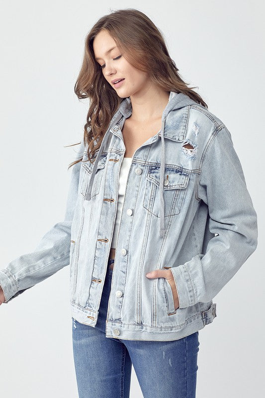 Light Denim Distressed Drawstring Hooded Jacket