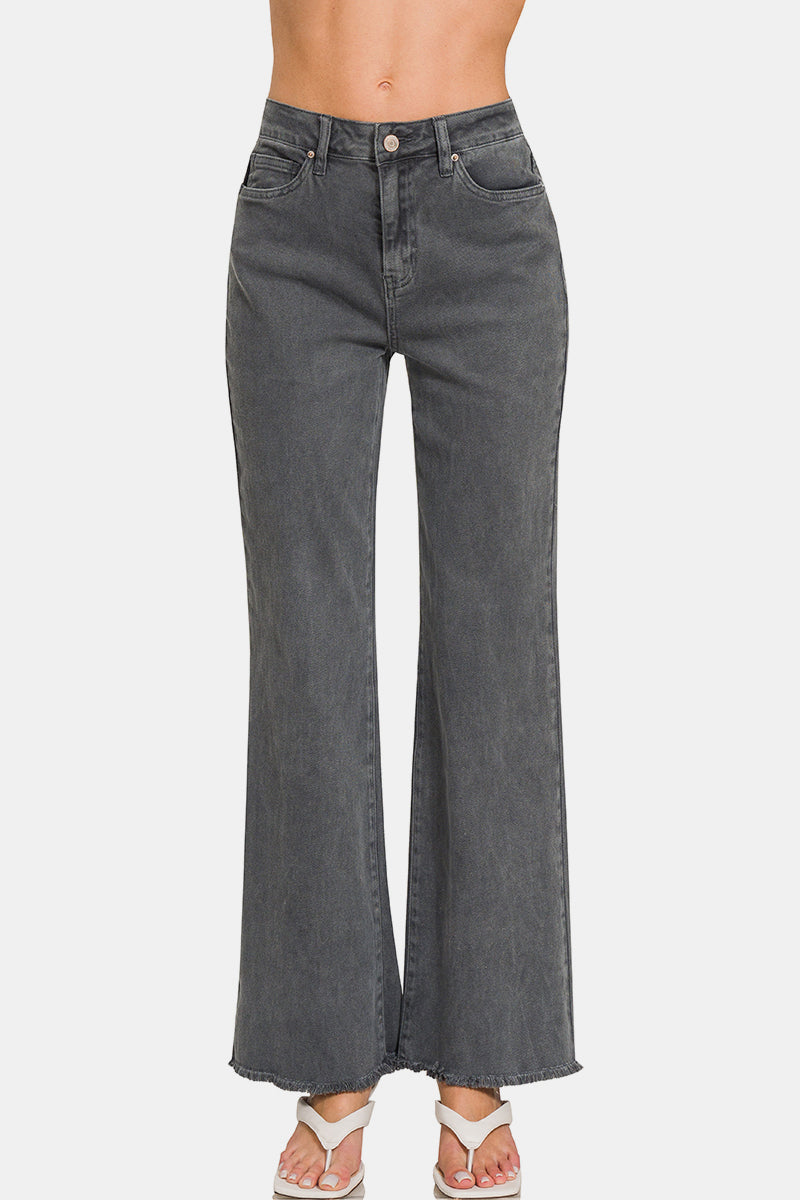 Acid Washed Frayed Hem Bootcut Jeans Dark Grey