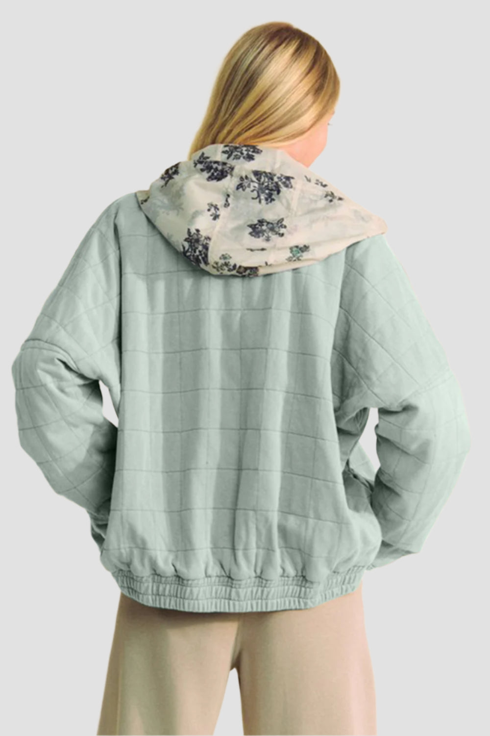 Quilted Zip-Up Dropped Shoulder Jacket Grey Blue