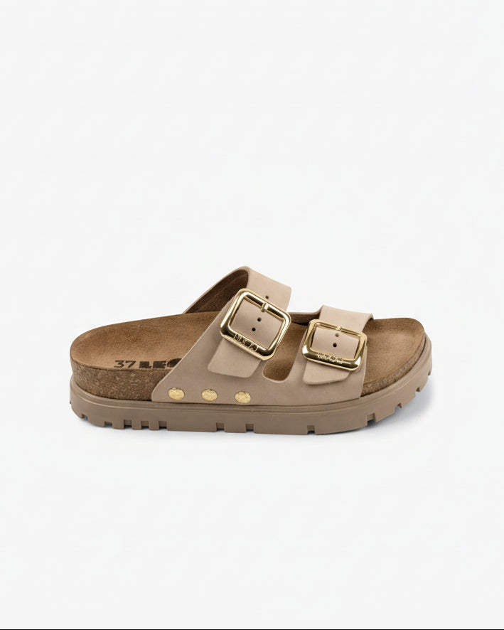 Portofino II by LEON Women’s Leather Sandal | Double Strap Slide with Cork-Style Footbed