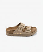 Portofino II by LEON Women’s Leather Sandal | Double Strap Slide with Cork-Style Footbed