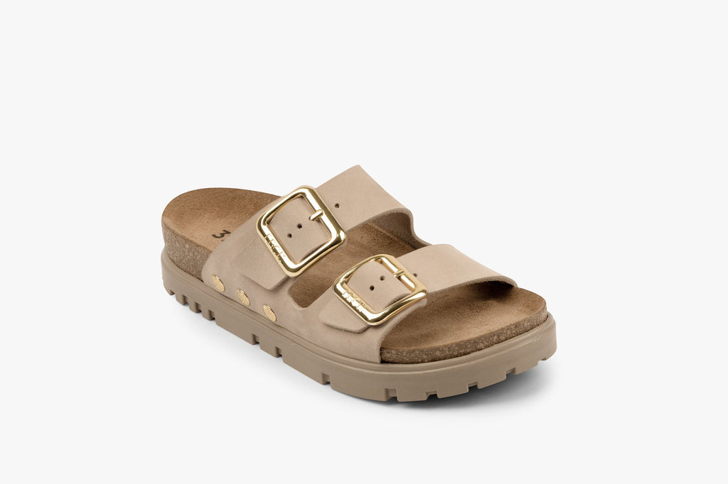 Portofino II by LEON Women’s Leather Sandal | Double Strap Slide with Cork-Style Footbed