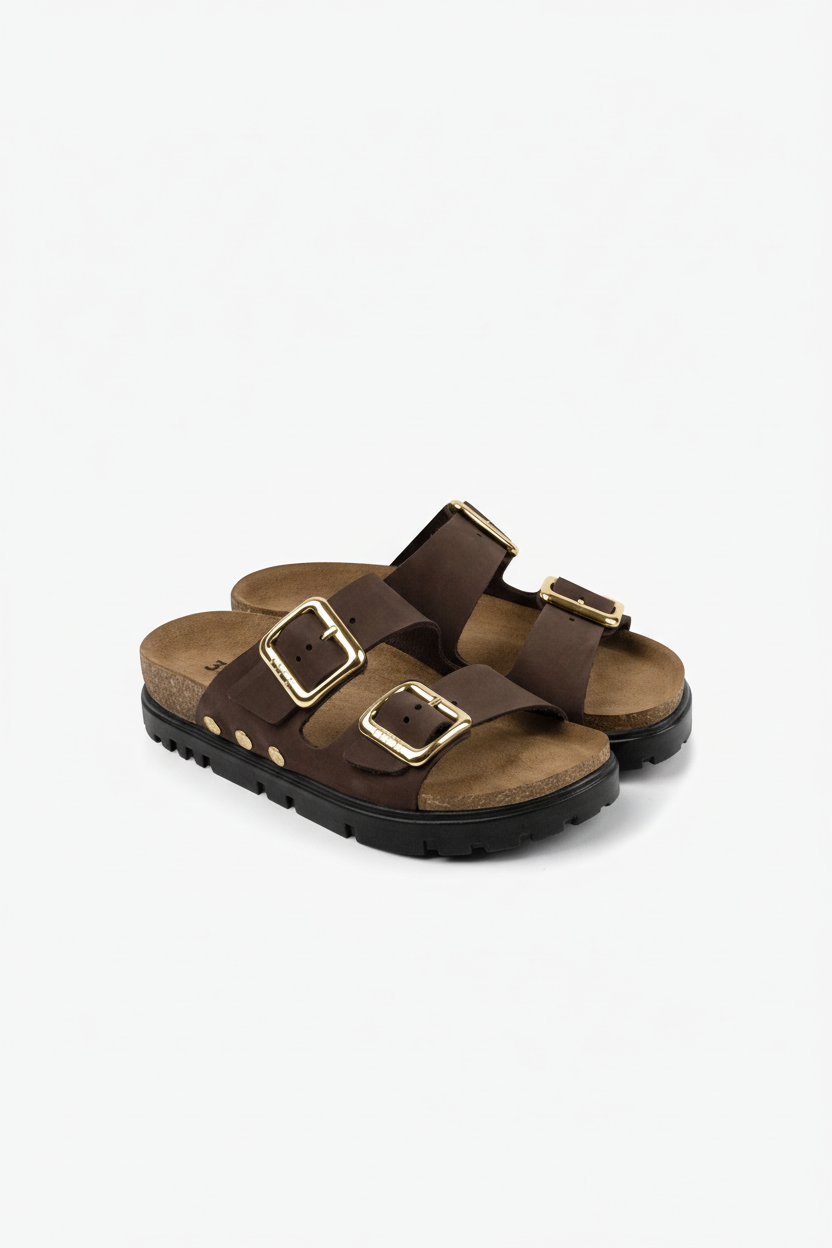 Portofino II by LEON Women’s Leather Sandal | Double Strap Slide with Cork-Style Footbed