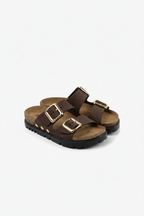 Portofino II by LEON Women’s Leather Sandal | Double Strap Slide with Cork-Style Footbed
