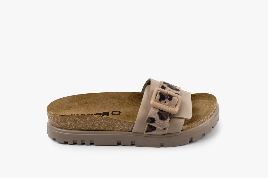 Tessa by LEON Women’s Leather Sandal | Layered Strap Slide with Cork-Style Footbed