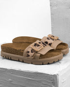 Tessa by LEON Women’s Leather Sandal | Layered Strap Slide with Cork-Style Footbed