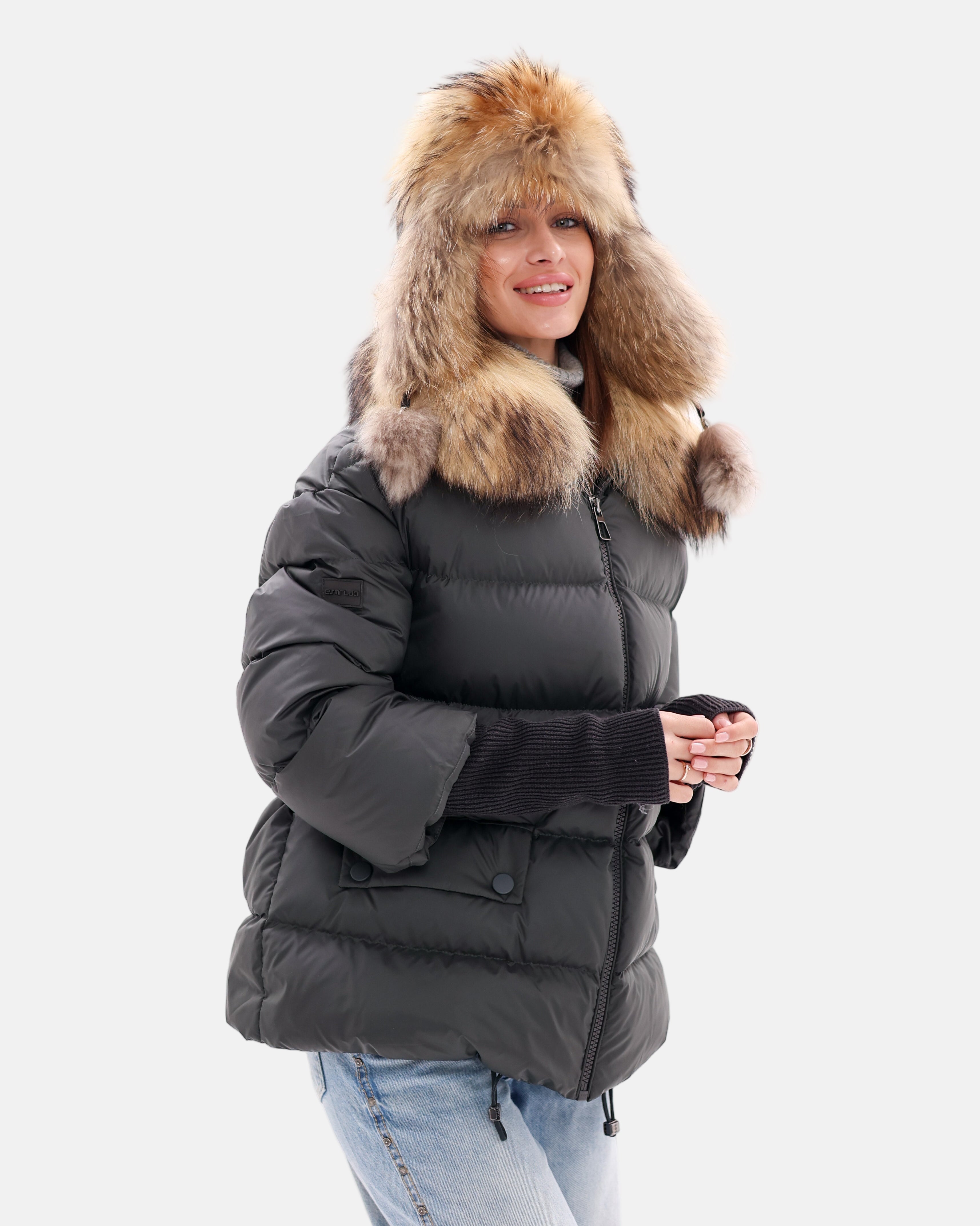 Genuine Fur Trim Down Fill Coat in Black