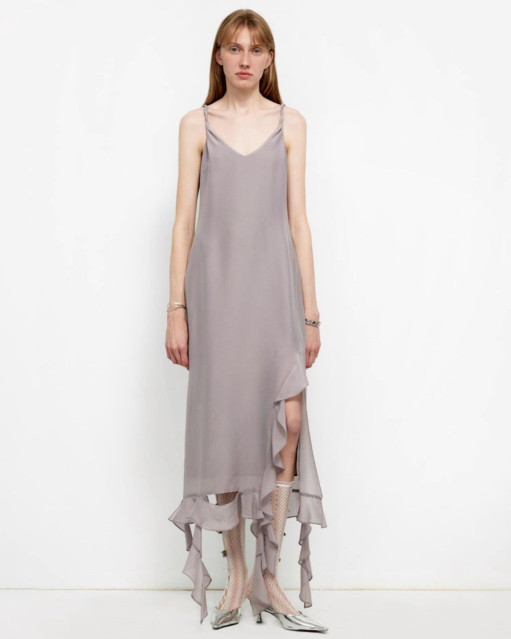 Acetate Mulberry Silk V-Neck Ruffled Draped Twist Strap Summer Dress ‘Rosy Ombre’