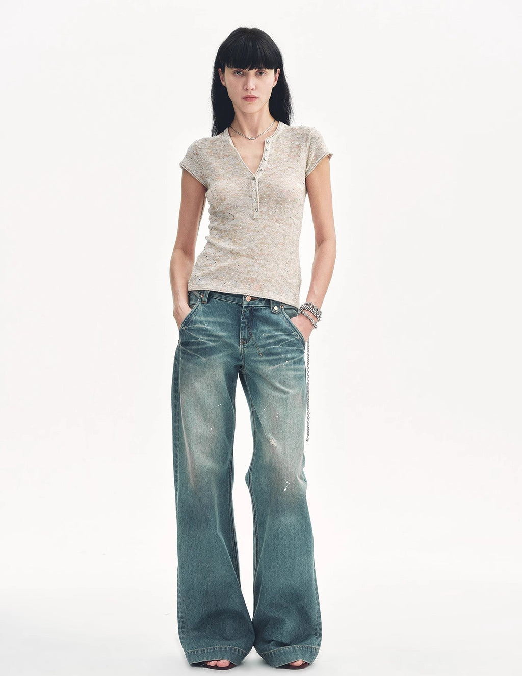 Cotton and Linen Blend Sequined Henley Neck Top ‘Minimalist Light Gap’