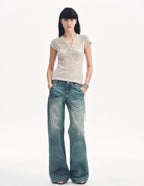 Cotton and Linen Blend Sequined Henley Neck Top ‘Minimalist Light Gap’