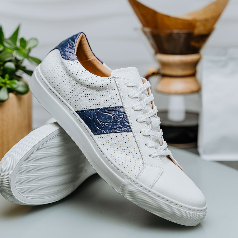 Olympias Italian Calfskin and Crocodile Stripe Sneaker | Navy