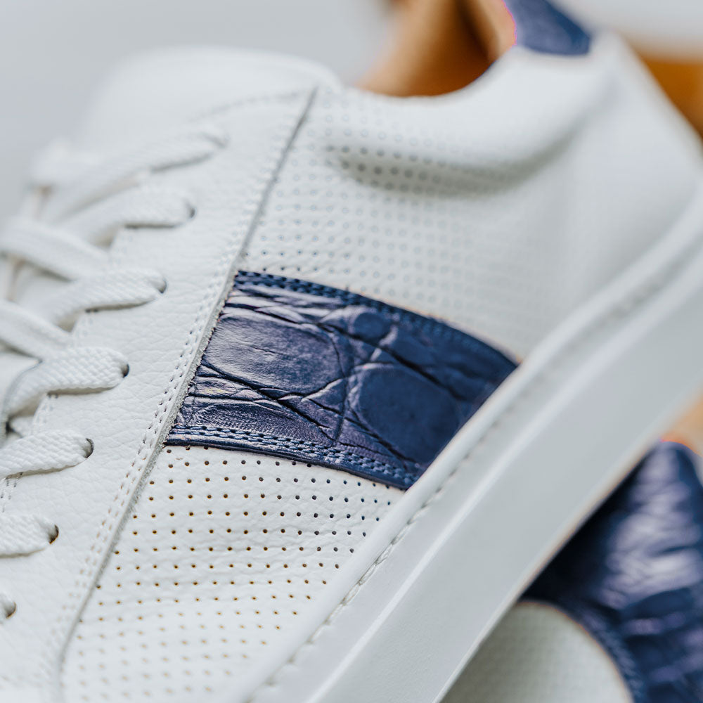 Olympias Italian Calfskin and Crocodile Stripe Sneaker | Navy