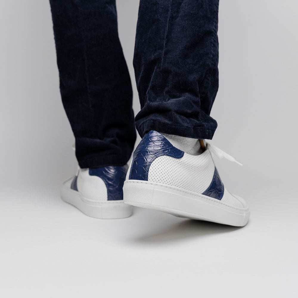 Olympias Italian Calfskin and Crocodile Stripe Sneaker | Navy