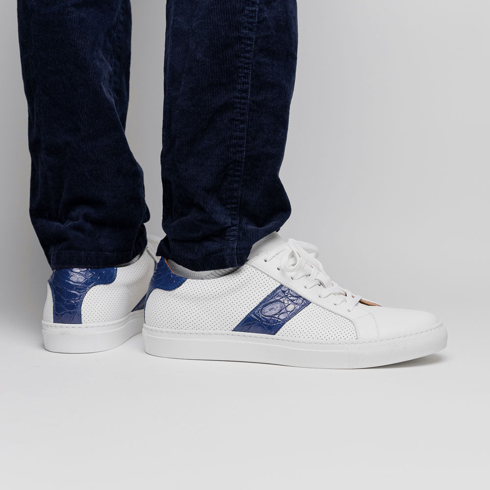 Olympias Italian Calfskin and Crocodile Stripe Sneaker | Navy