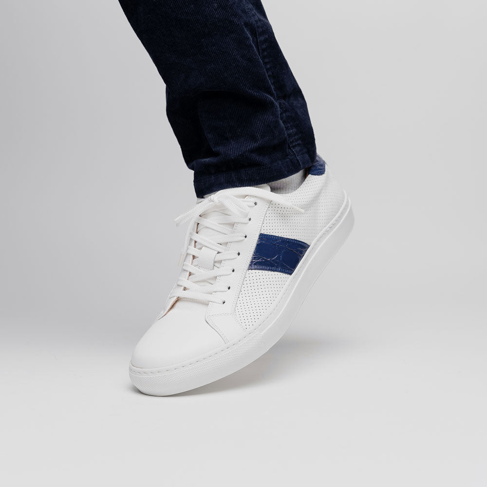 Olympias Italian Calfskin and Crocodile Stripe Sneaker | Navy