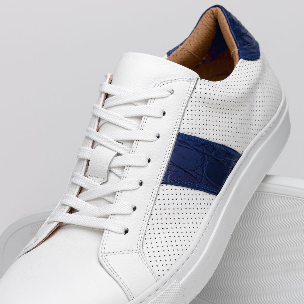 Olympias Italian Calfskin and Crocodile Stripe Sneaker | Navy
